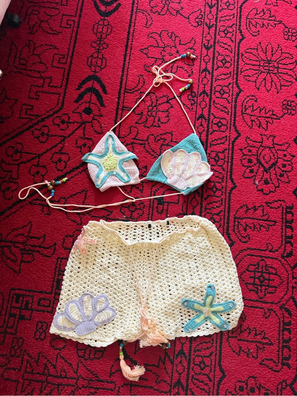 Upcycled  Crochet Cream Beach Shorts with Sea Motif